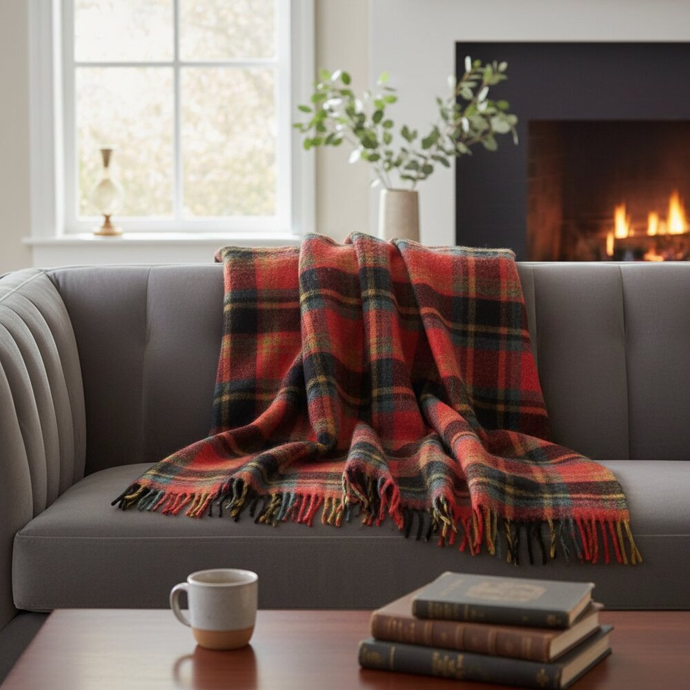 VINTAGE Red Green Plaid Wool blend Throw Blanket Made in Canada 60x60 - Picture 2 of 8